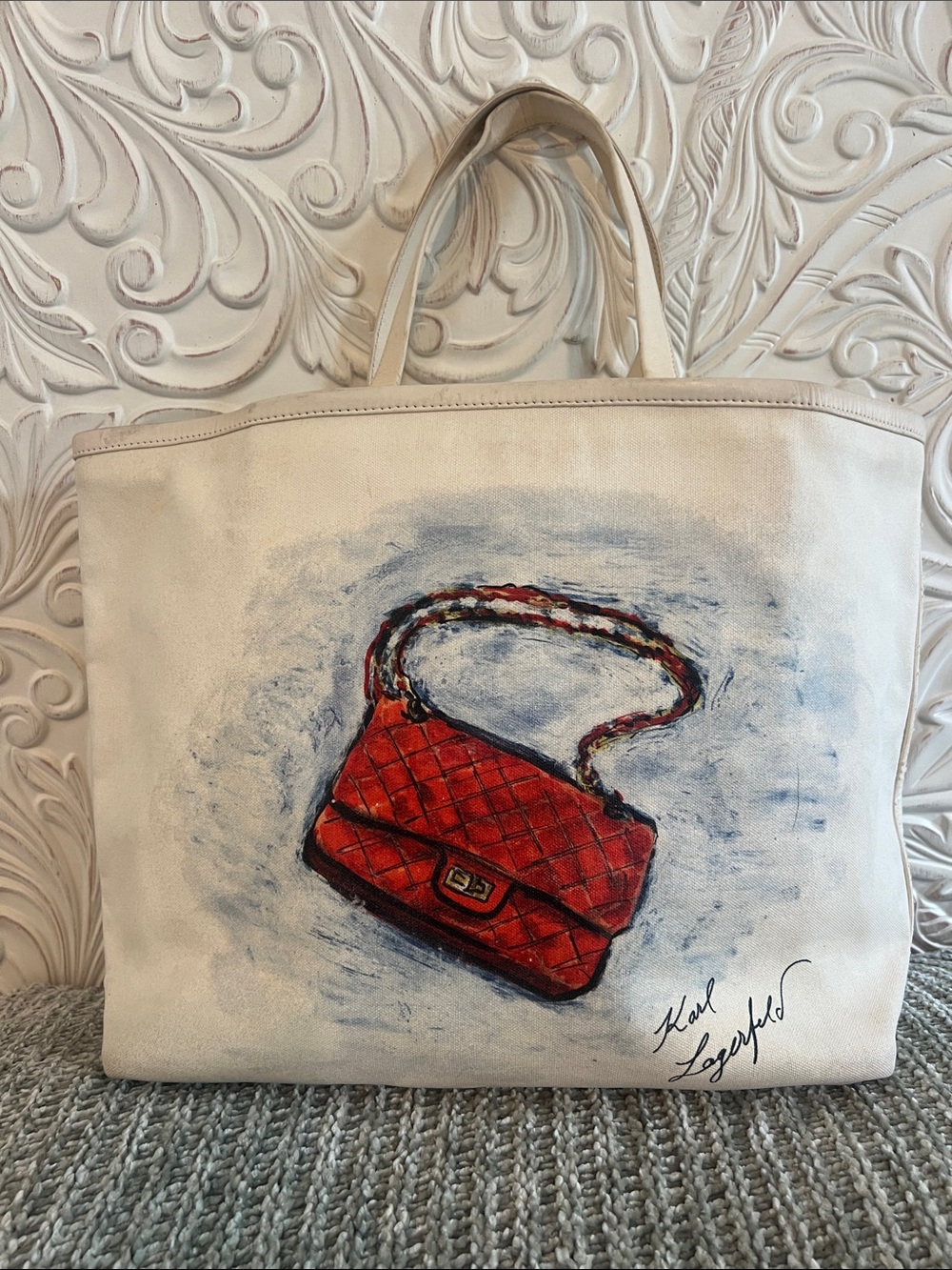 Authentic Chanel Limited  Additional Karl Lagerfeld Cream Tote/ Red Quilted Bag.